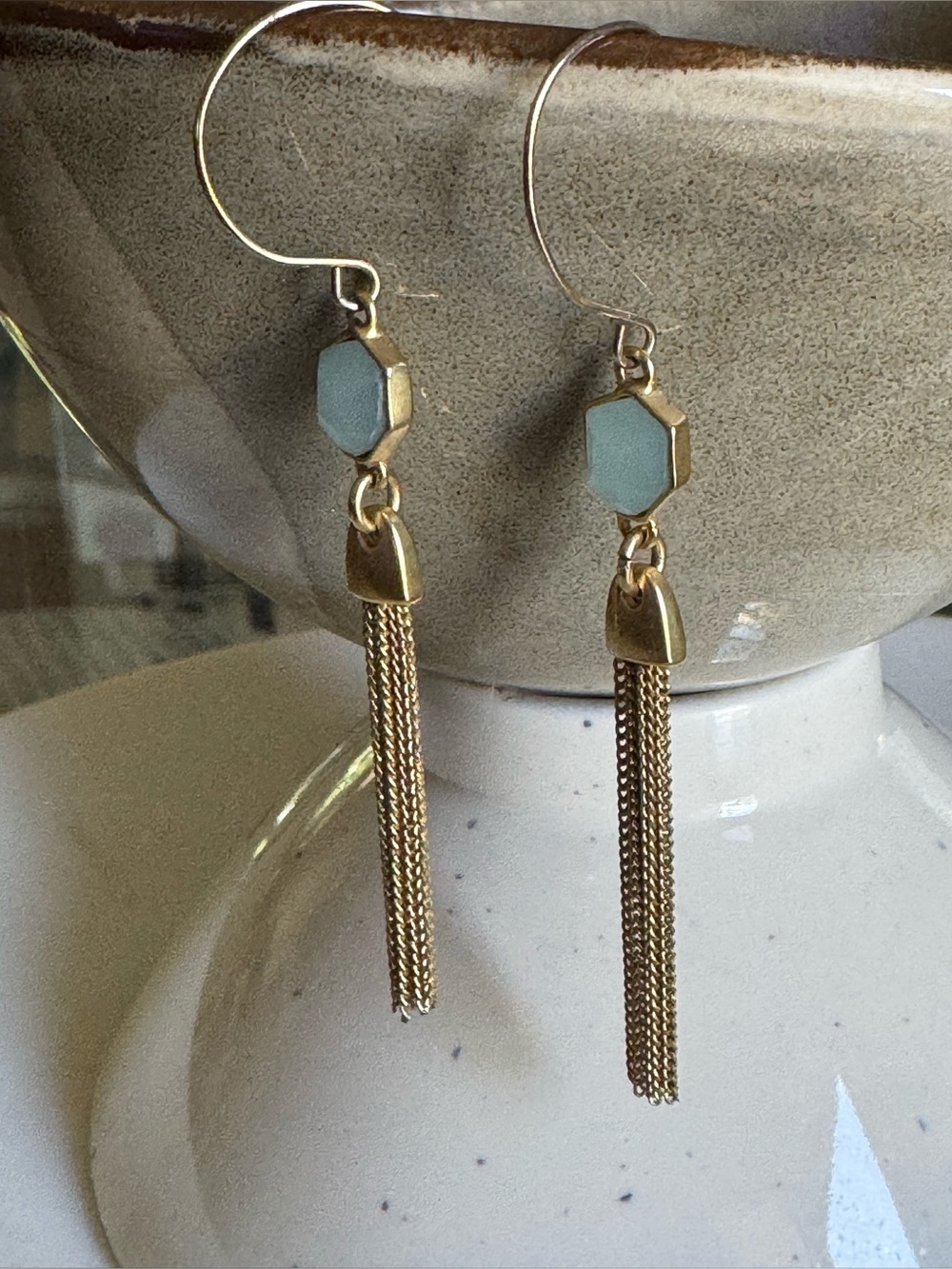 Gold Tassel Drop Earrings Chalcedony with Light Blue Hexagon Accents